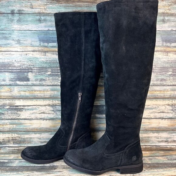 Born Over The Knee Boots Womens Size 7 Black Suede Pull On Block Heel Round Heel - Picture 2 of 13